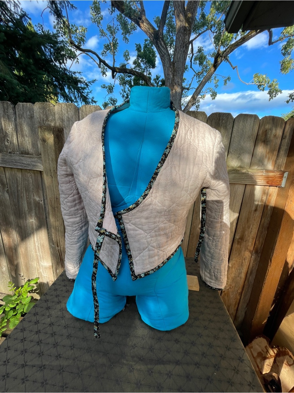 Light Beige Quilted Wrap Jacket with Floral Trim - Picture 3 of 6